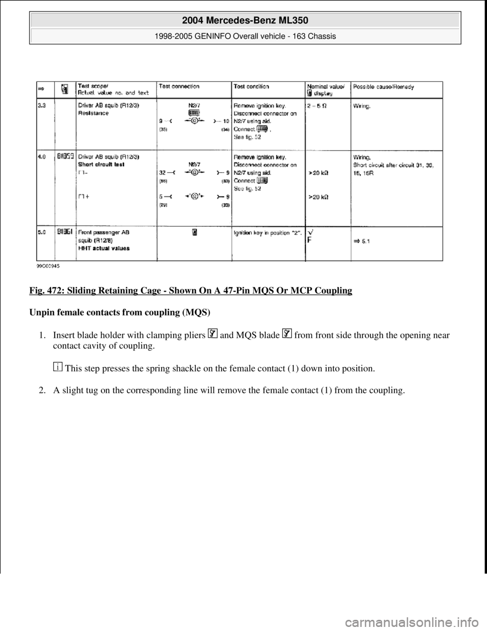 MERCEDES-BENZ ML320 1997  Complete Repair Manual Fig. 472: Sliding Retaining Cage - Shown On A 47-Pin MQS Or MCP Coupling  
Unpin female contacts   from coupling (MQS)   
1. Insert blade holder with clampi  ng pliers   and MQS blade   from  front si