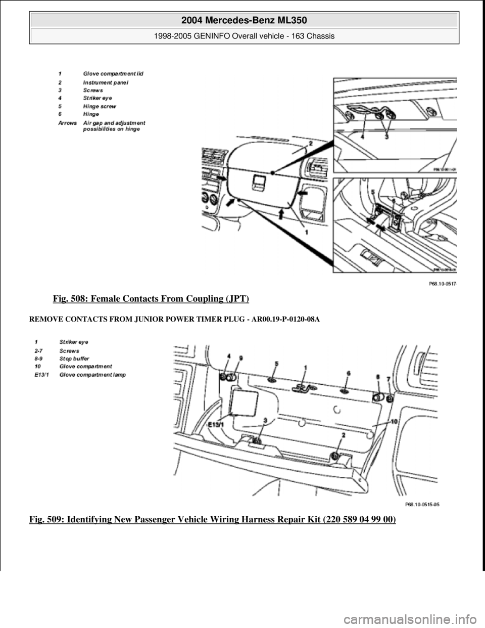 MERCEDES-BENZ ML320 1997  Complete Repair Manual Fig. 508: Female Contacts From Coupling (JPT) 
REMOVE CONTACTS FROM JUNIOR POWER TIMER PLUG - AR00.19-P-0120-08A 
Fig. 509: Identifying New Passenger Vehicle Wiring Harness Repair Kit (220 589 04 99 0