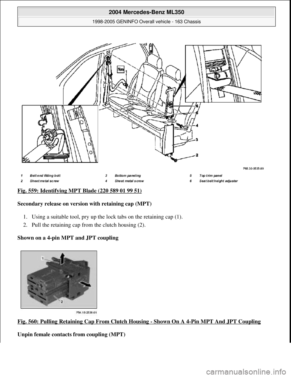 MERCEDES-BENZ ML320 1997  Complete Repair Manual Fig. 559: Identifying MPT Blade (220 589 01 99 51)  
Secondary release on version with retaining cap (MPT)     
1. Using a suitable tool, pry up the lo  ck tabs on the retaining cap (1).   
2. Pull th
