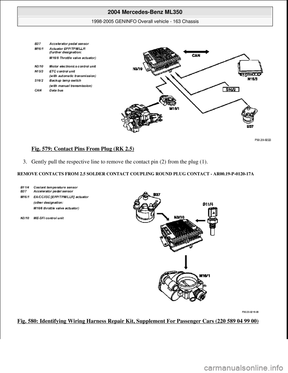 MERCEDES-BENZ ML320 1997  Complete Repair Manual Fig. 579: Contact Pins From Plug (RK 2.5) 
3. Gently pull the respective line to remove the contact pin (2) from the plug (1).  
REMOVE CONTACTS FROM 2.5 SOLDER CONTACT COUPLING ROUND PLUG CONTACT - A