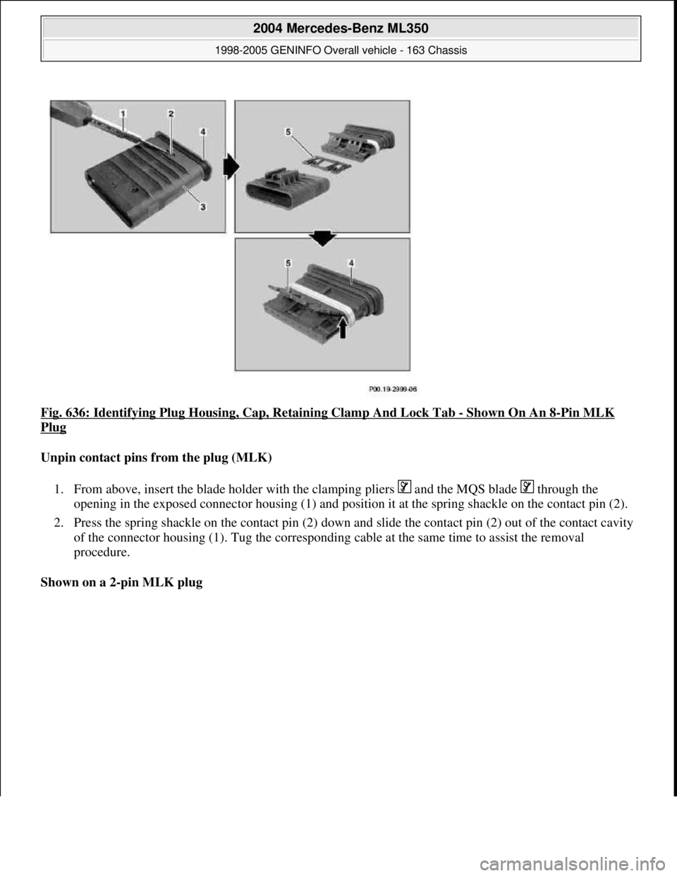 MERCEDES-BENZ ML320 1997  Complete Repair Manual Fig. 636: Identifying Plug Housing, Cap, Retaining Clamp And Lock Tab - Shown On An 8-Pin MLK 
Plug 
Unpin contact pins from the plug (MLK)  
1. From above, insert the blade holder with the clamping p
