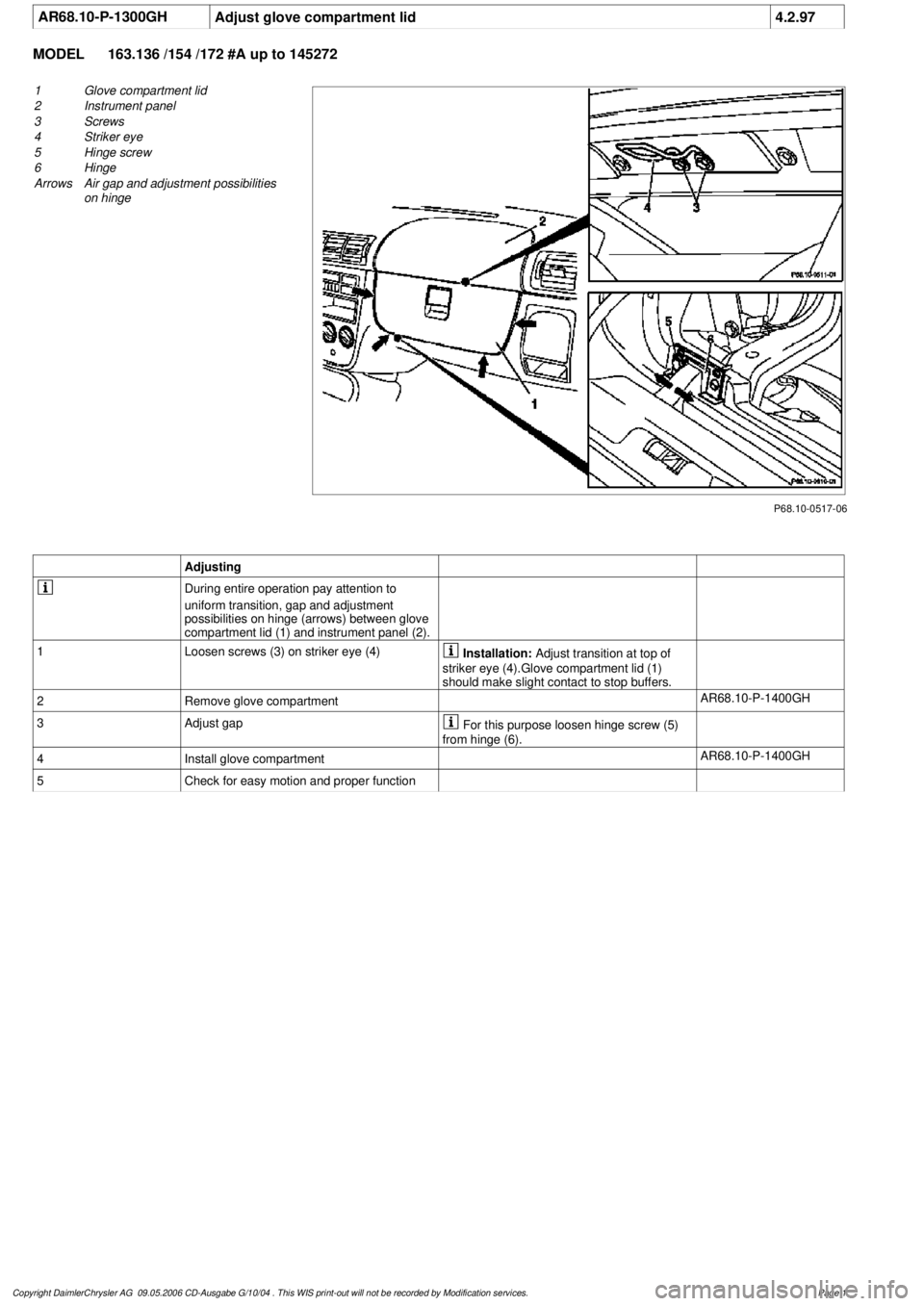 MERCEDES-BENZ ML320 1997  Complete Repair Manual 
 AR68.10-P-1300GH
Adjust glove compartment lid
4.2.97

MODEL 
163.136 /154 /172 #A up to 145272

P68.10-0517-06

1
Glove compartment lid

2
 Instrument panel

3
 Screws

4
 Striker eye

5
 Hinge scre