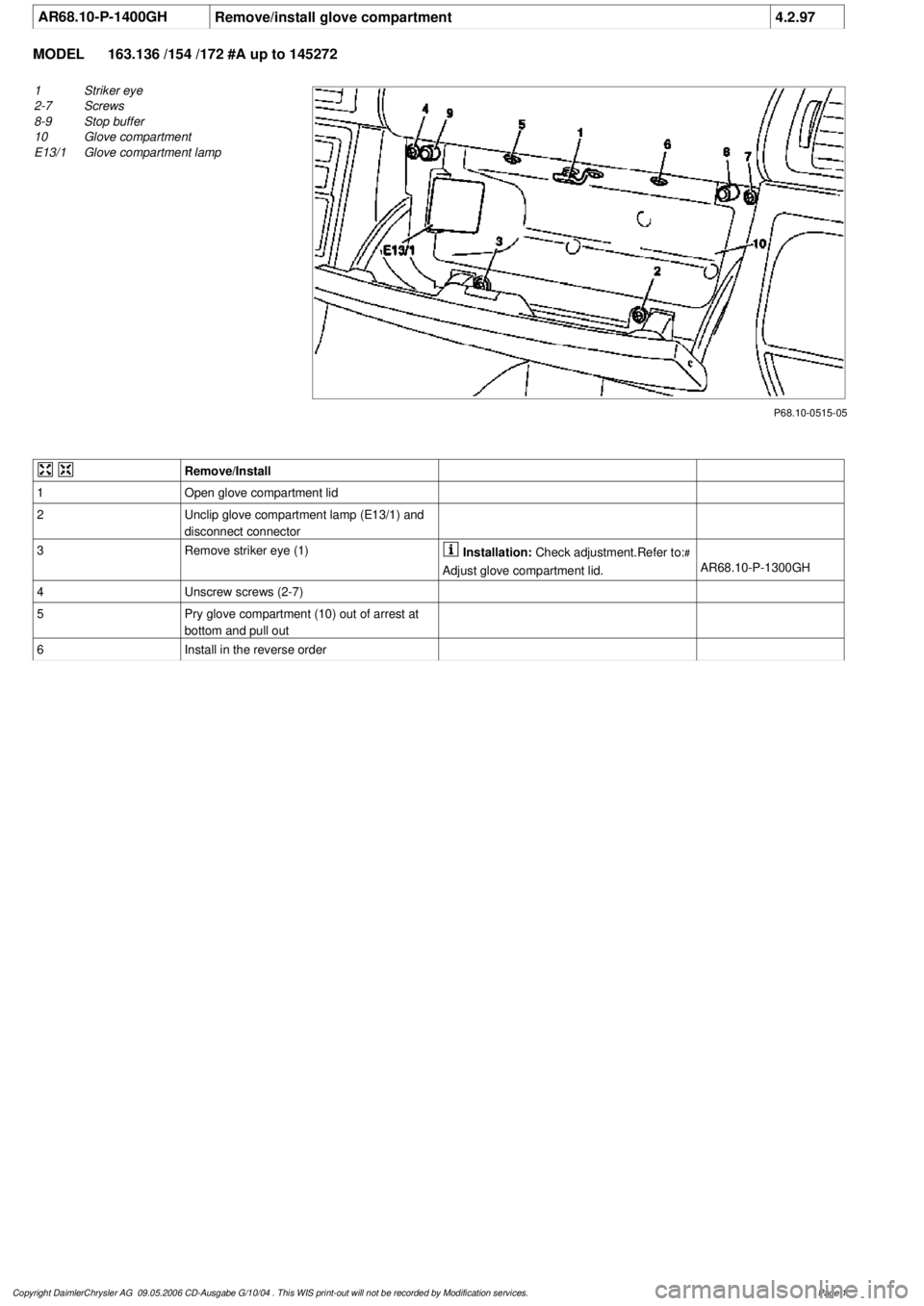 MERCEDES-BENZ ML320 1997  Complete Repair Manual 
 AR68.10-P-1400GH
Remove/install glove compartment
4.2.97

MODEL 
163.136 /154 /172 #A up to 145272

P68.10-0515-05

1
Striker eye

2-7
 Screws

8-9
 Stop buffer

10
 Glove compartment

E13/1
 Glove 