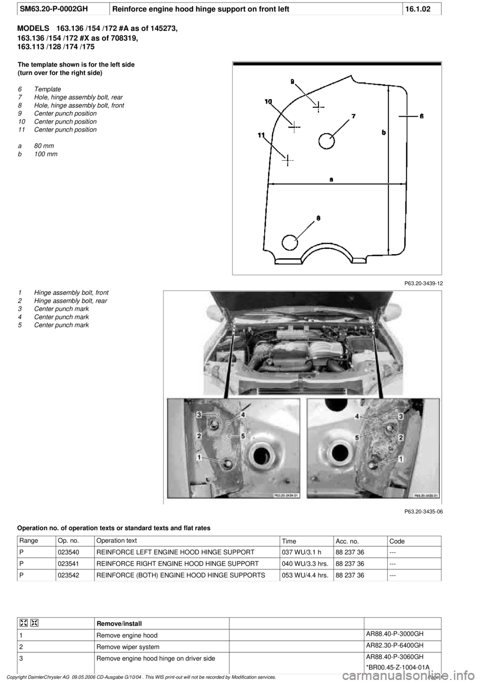 MERCEDES-BENZ ML320 1997 Complete Repair Manual
SM63.20-P-0002GH
Reinforce engine hood hinge support on front left
16.1.02
MODELS
163.136 /154 /172 #A as of 145273,
163.136 /154 /172 #X as of 708319,
163.113 /128 /174 /175
P63.20-3439-12
MERCEDES-BENZ ML320 1997 Complete Repair Manual
SM63.20-P-0002GH
Reinforce engine hood hinge support on front left
16.1.02
MODELS
163.136 /154 /172 #A as of 145273,
163.136 /154 /172 #X as of 708319,
163.113 /128 /174 /175
P63.20-3439-12