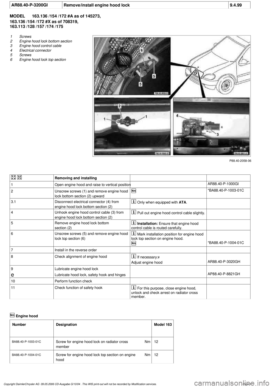 MERCEDES-BENZ ML320 1997 Complete Repair Manual
AR88.40-P-3200GI
Remove/install engine hood lock
9.4.99
MODEL
163.136 /154 /172 #A as of 145273,
163.136 /154 /172 #X as of 708319,
163.113 /128 /157 /174 /175
P88.40-2058-06
1
Screws
2
E MERCEDES-BENZ ML320 1997 Complete Repair Manual
AR88.40-P-3200GI
Remove/install engine hood lock
9.4.99
MODEL
163.136 /154 /172 #A as of 145273,
163.136 /154 /172 #X as of 708319,
163.113 /128 /157 /174 /175
P88.40-2058-06
1
Screws
2
E