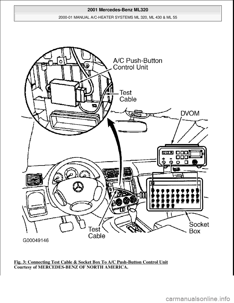 MERCEDES-BENZ ML320 1997  Complete Repair Manual Fig. 3: Connecting Test Cable & Socket Box To A/C Push-Button Control Unit  
Courtesy of MERCEDES-BENZ OF NORTH AMERICA.
 
2001 Mercedes-Benz ML320 
2000-01 MANUAL A/C-HEATER SYSTEMS ML 320, ML 430 & 
