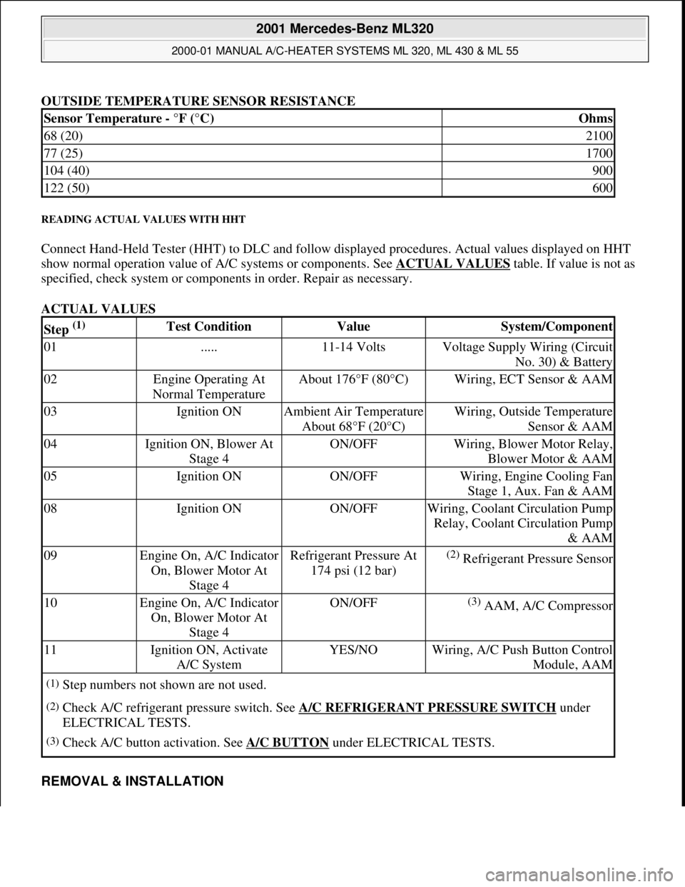 MERCEDES-BENZ ML320 1997 Complete Repair Manual OUTSIDE TEMPERATURE SENSOR RESISTANCE
READING ACTUAL VALUES WITH HHT
Connect Hand-Held Tester (HHT) to DLC and follow displayed procedures. Actual values displayed on HHT
show normal operation value MERCEDES-BENZ ML320 1997 Complete Repair Manual OUTSIDE TEMPERATURE SENSOR RESISTANCE
READING ACTUAL VALUES WITH HHT
Connect Hand-Held Tester (HHT) to DLC and follow displayed procedures. Actual values displayed on HHT
show normal operation value
