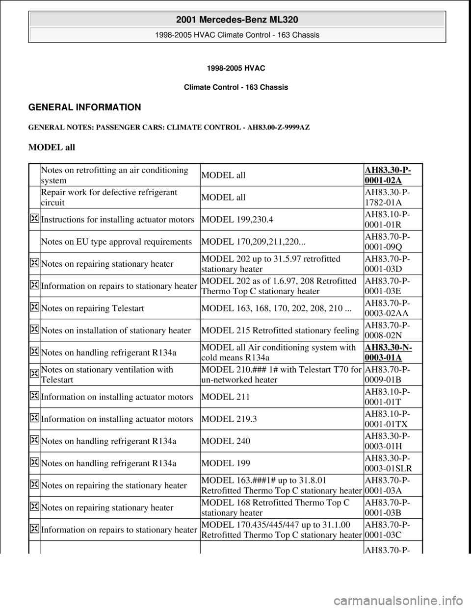 MERCEDES-BENZ ML320 1997 Complete Repair Manual 1998-2005 HVAC
Climate Control - 163 Chassis
GENERAL INFORMATION
GENERAL NOTES: PASSENGER CARS: CLIMATE CONTROL - AH83.00-Z-9999AZ
MODEL all
Notes on retrofitting an air conditioning
systemMODE MERCEDES-BENZ ML320 1997 Complete Repair Manual 1998-2005 HVAC
Climate Control - 163 Chassis
GENERAL INFORMATION
GENERAL NOTES: PASSENGER CARS: CLIMATE CONTROL - AH83.00-Z-9999AZ
MODEL all
Notes on retrofitting an air conditioning
systemMODE