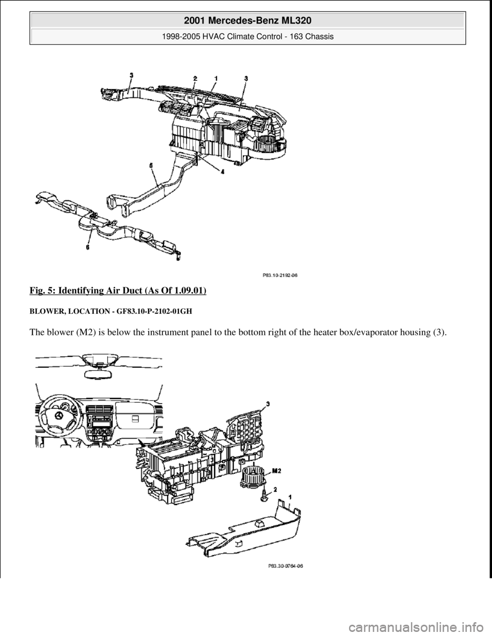 MERCEDES-BENZ ML320 1997  Complete Repair Manual Fig. 5: Identifying Air Duct (As Of 1.09.01) 
BLOWER, LOCATION  - GF83.10-P-2102-01GH 
The blower (M2) is below the instrument panel to th e bottom right of the heater box/evaporator housing (3). 
 
2