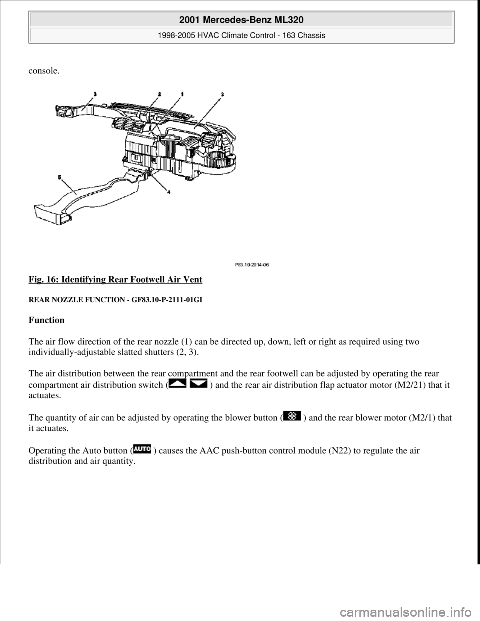 MERCEDES-BENZ ML320 1997  Complete Repair Manual console.  
Fig. 16: Identifying Re ar Footwell Air Vent
 
REAR NOZZLE  FUNCTION - GF83.10-P-2111-01GI 
Function   
The air flow direction of the rear   nozzle (1) can be directed up, down, le ft or ri