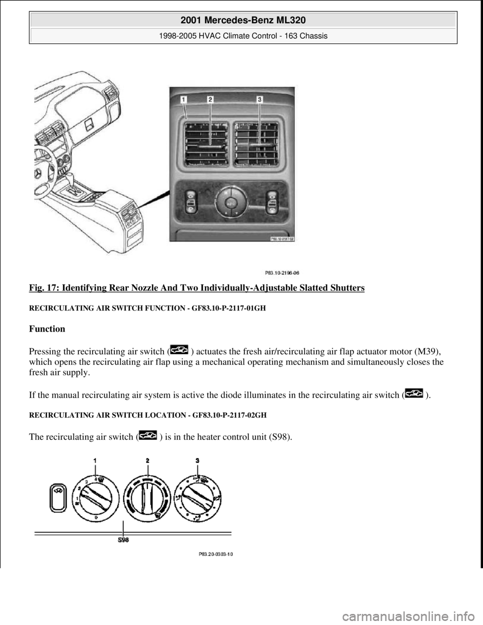 MERCEDES-BENZ ML320 1997  Complete Repair Manual Fig. 17: Identifying Rear No zzle And Two Individually-Adjustable Slatted Shutters 
RECIRCULATING AIR SWITCH  FUNCTION - GF83.10-P-2117-01GH 
Function   
Pressing the recirculating air switch   (  ) a