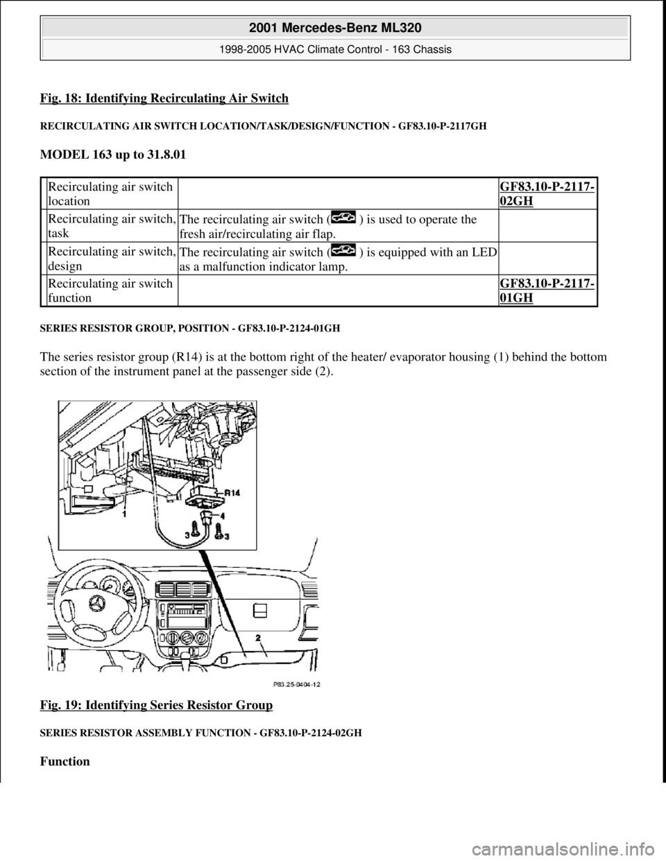 MERCEDES-BENZ ML320 1997  Complete Repair Manual Fig. 18: Identifying Recirculating Air Switch
RECIRCULATING AIR SWITCH LOCATION/TASK/DESIGN/FUNCTION - GF83.10-P-2117GH 
MODEL 163 up to 31.8.01  
SERIES RESISTOR GROUP, POSITION - GF83.10-P-2124-01GH