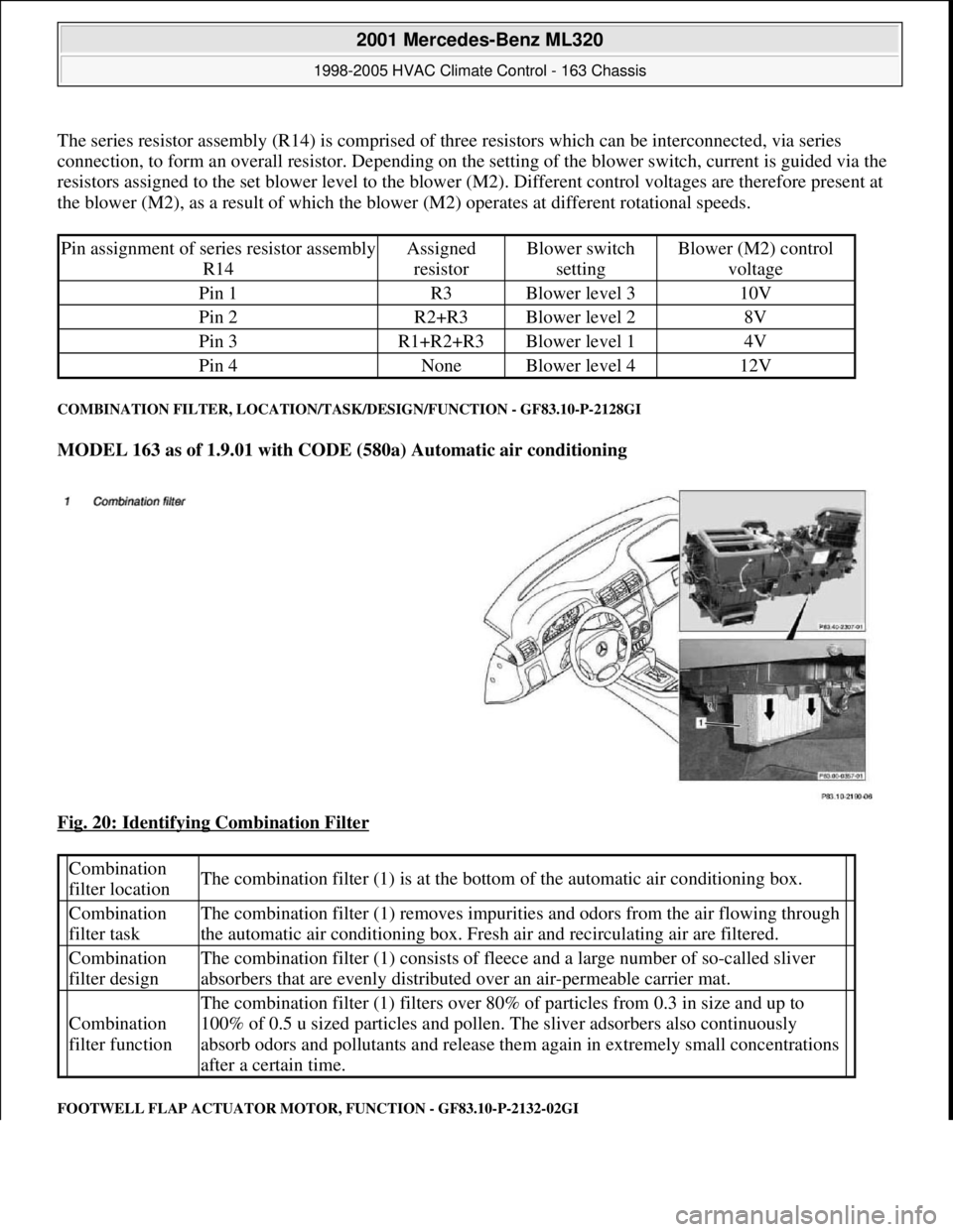 MERCEDES-BENZ ML320 1997  Complete Repair Manual The series resistor assembly (R14) is comprised of three resistors which can be interconnected, via series 
connection, to form an overall resistor. Depending on the setting of the blower switch, curr
