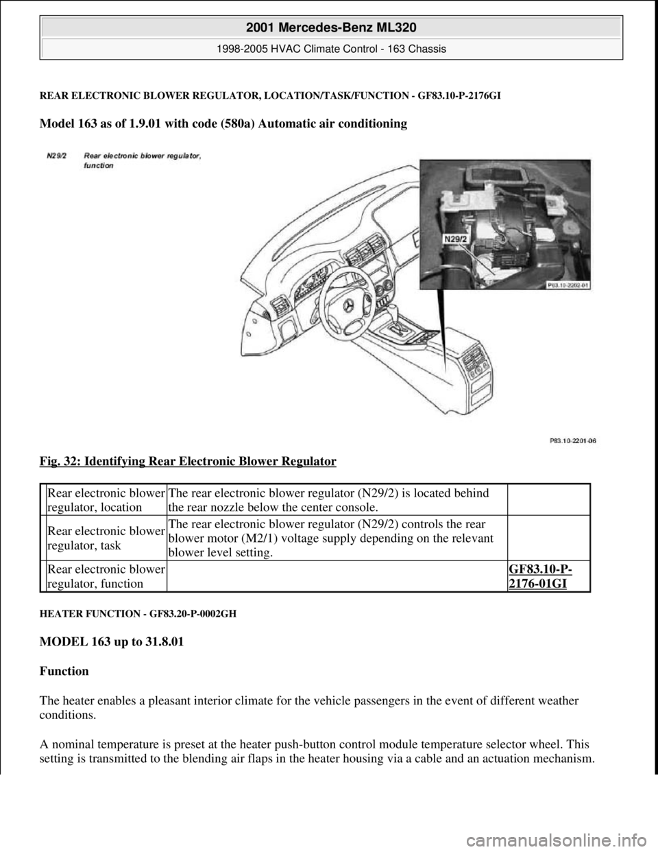 MERCEDES-BENZ ML320 1997 Complete Repair Manual REAR ELECTRONIC BLOWER REGULATOR, LOCATION/TASK/FUNCTION - GF83.10-P-2176GI
Model 163 as of 1.9.01 with code (580a) Automatic air conditioning
Fig. 32: Identifying Rear Electronic Blower Regulator
MERCEDES-BENZ ML320 1997 Complete Repair Manual REAR ELECTRONIC BLOWER REGULATOR, LOCATION/TASK/FUNCTION - GF83.10-P-2176GI
Model 163 as of 1.9.01 with code (580a) Automatic air conditioning
Fig. 32: Identifying Rear Electronic Blower Regulator
