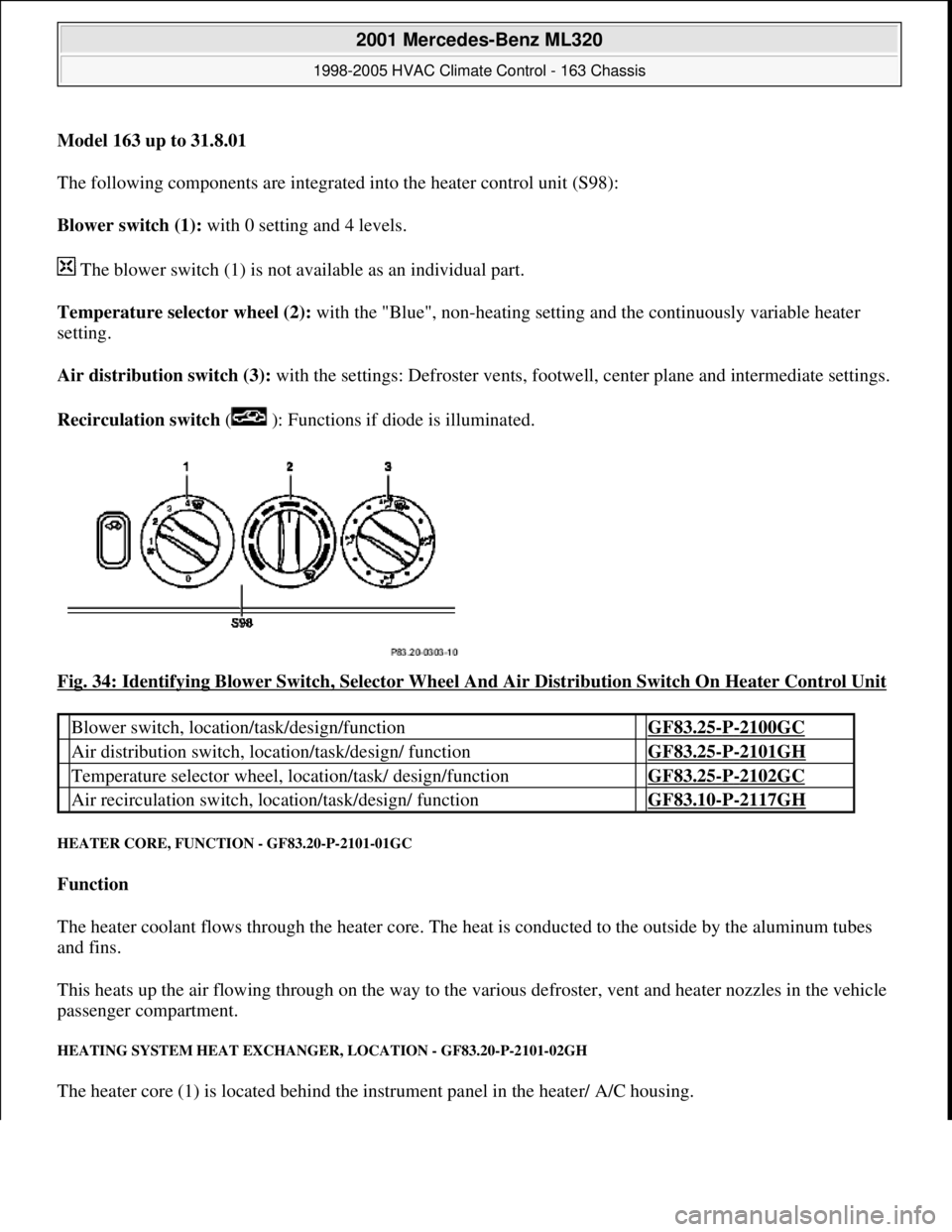 MERCEDES-BENZ ML320 1997 Complete Repair Manual Model 163 up to 31.8.01
The following components are integrated into the heater control unit (S98):
Blower switch (1): with 0 setting and 4 levels.
The blower switch (1) is not availabl MERCEDES-BENZ ML320 1997 Complete Repair Manual Model 163 up to 31.8.01
The following components are integrated into the heater control unit (S98):
Blower switch (1): with 0 setting and 4 levels.
The blower switch (1) is not availabl