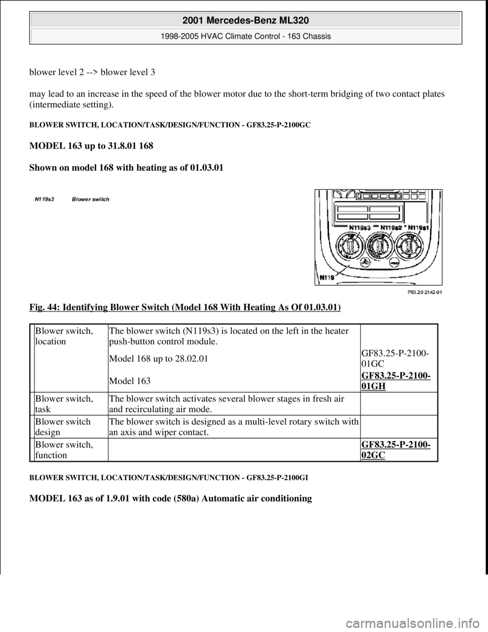 MERCEDES-BENZ ML320 1997  Complete Repair Manual blower level 2 --> blower level 3 
may lead to an increase in the speed of the blower motor due to the short-term bridging of two contact plates 
(intermediate setting). 
BLOWER SWITCH, LOCATION/TASK/