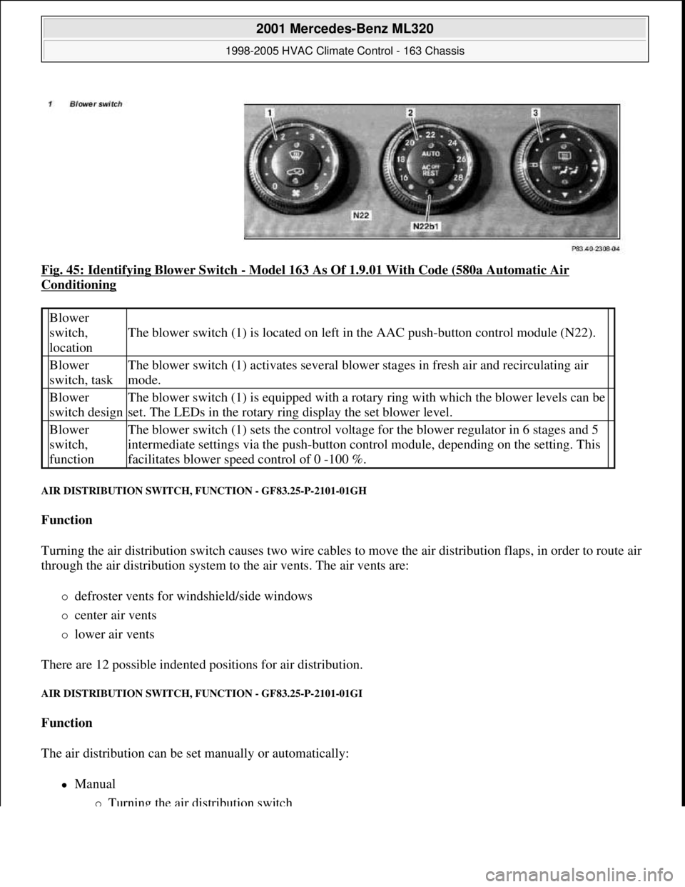 MERCEDES-BENZ ML320 1997  Complete Repair Manual Fig. 45: Identifying Blower Switch - Model 163 As Of 1.9.01 With Code (580a Automatic Air 
Conditioning 
AIR DISTRIBUTION SWITCH, FUNCTION - GF83.25-P-2101-01GH 
Function  
Turning the air distributio