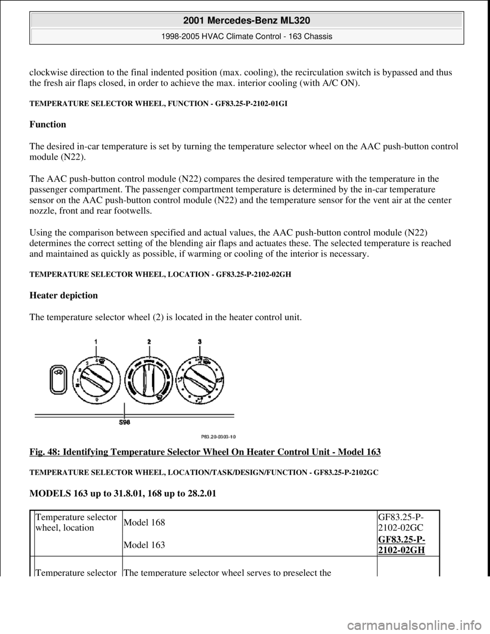 MERCEDES-BENZ ML320 1997  Complete Repair Manual clockwise direction to the final indented position (max. cooling), the recirculation switch is bypassed and thus 
the fresh air flaps closed, in order to achieve the max. interior cooling (with A/C ON