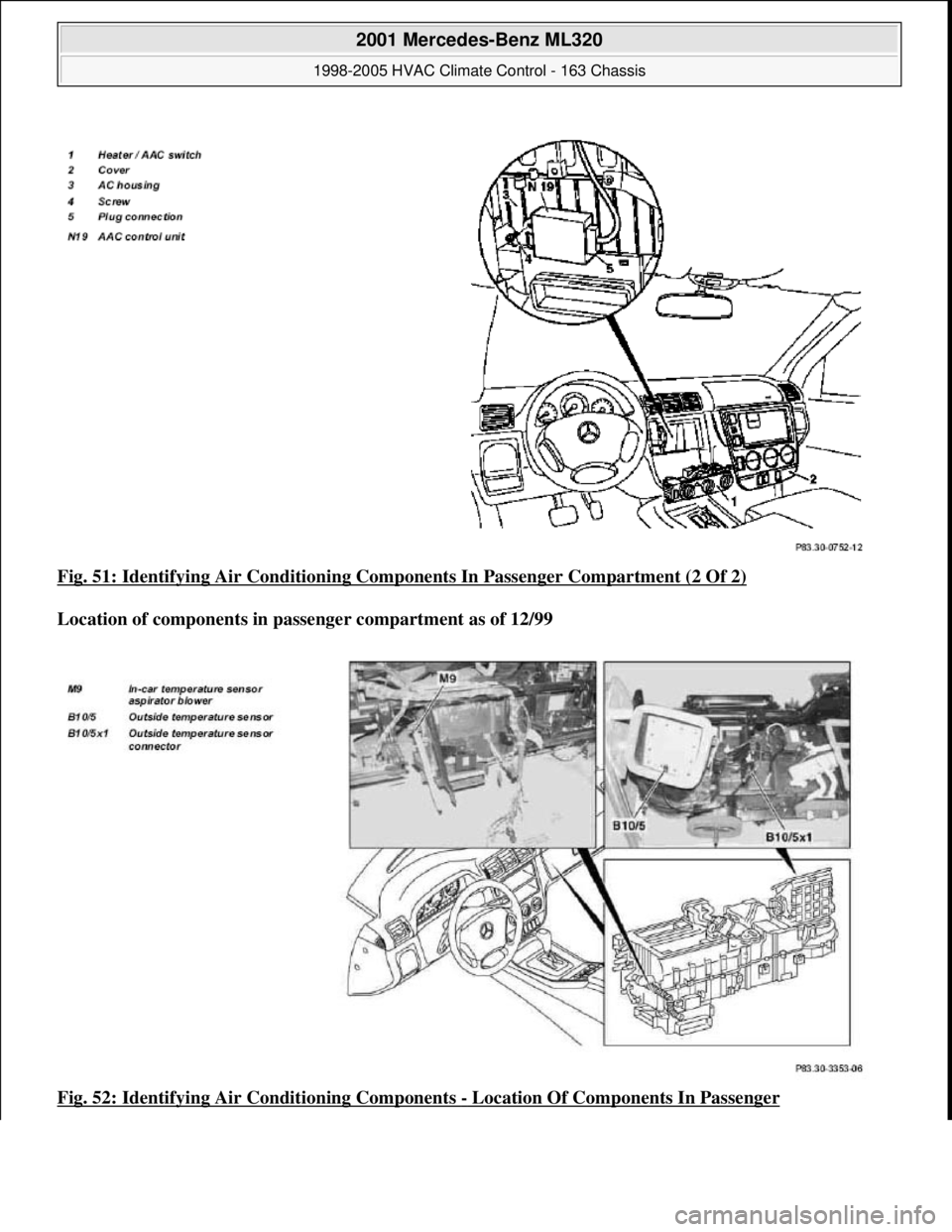 MERCEDES-BENZ ML320 1997  Complete Repair Manual Fig. 51: Identifying Air Condi tioning Components In Passenger Compartment (2 Of 2)  
Location of components in passenger compartment as of 12/99     
Fig. 52: Identifying Air   Conditioning Component