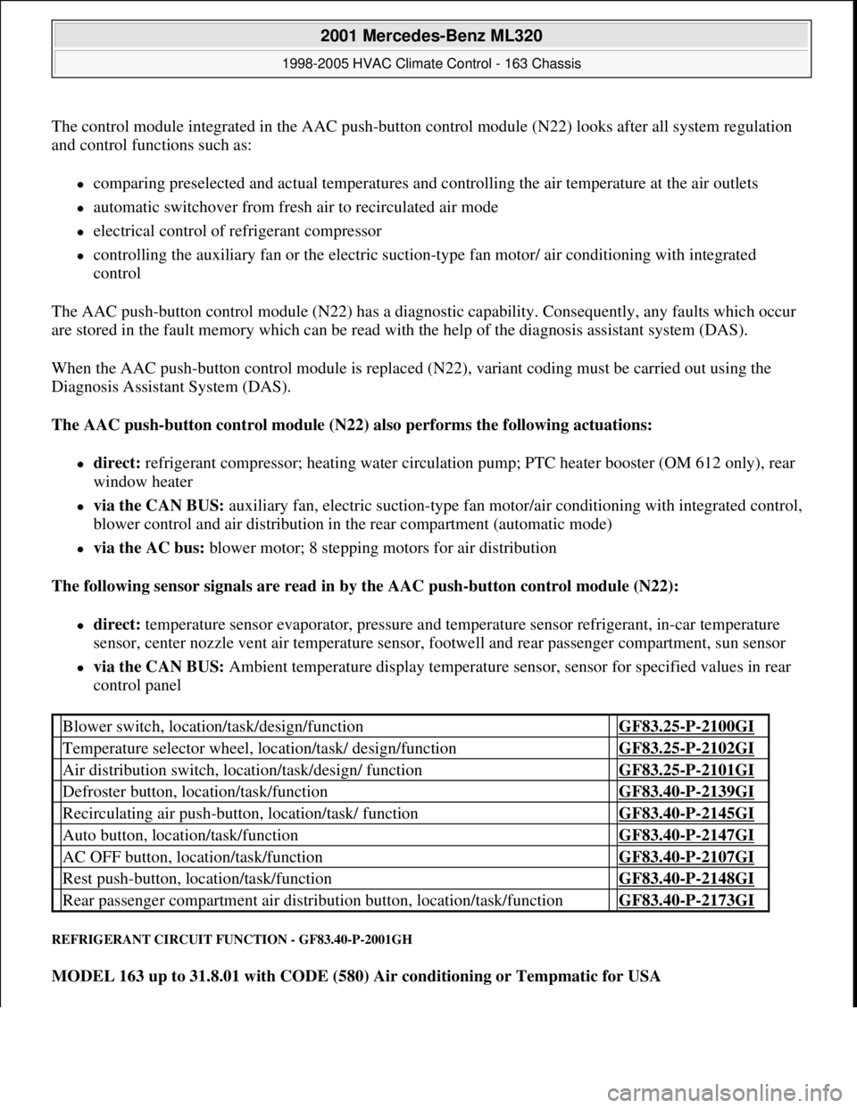 MERCEDES-BENZ ML320 1997  Complete Repair Manual The control module integrated in the AAC push-button control module (N22) looks after all system regulation 
and control functions such as: 
comparing preselected and actual temperatures and contro