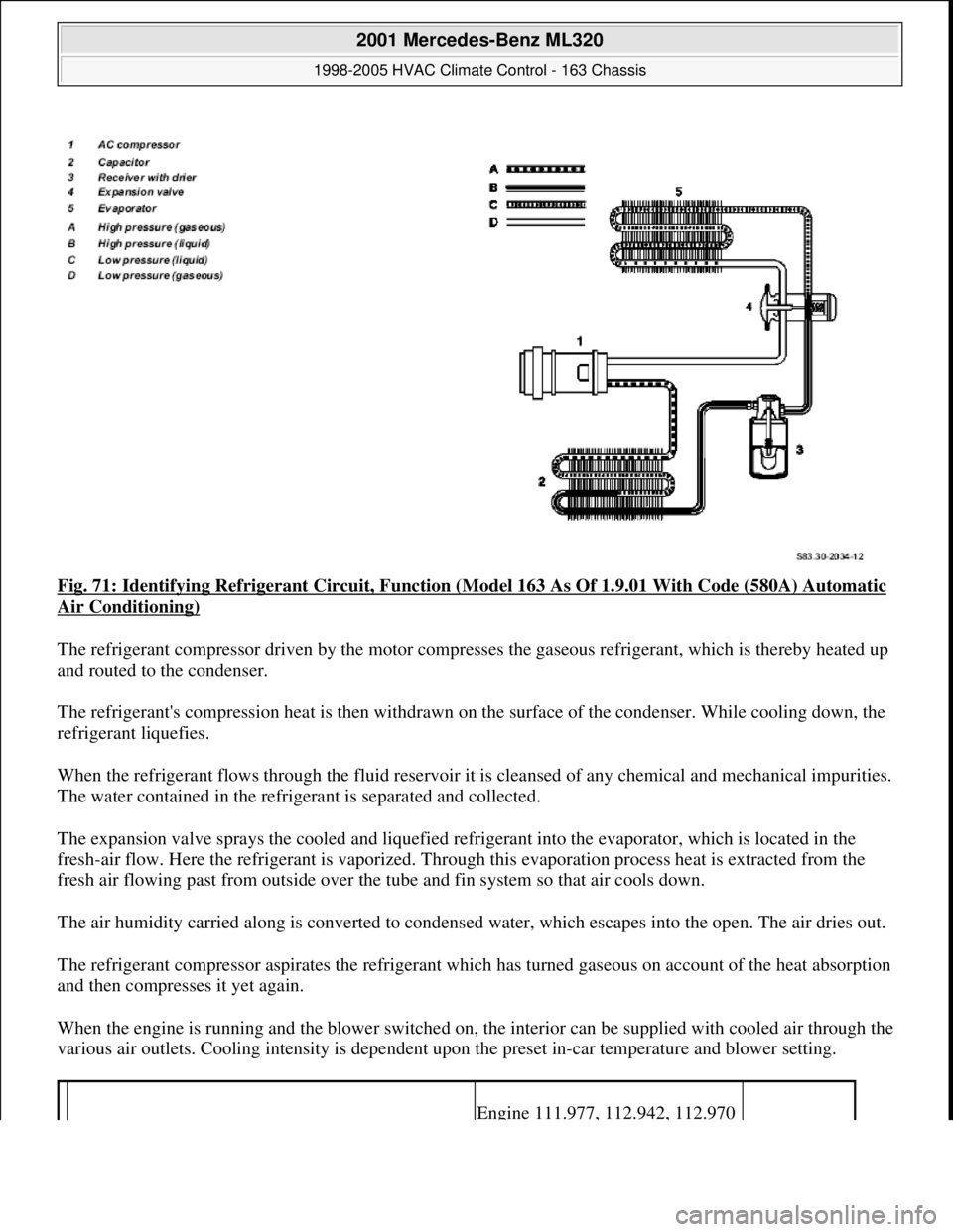 MERCEDES-BENZ ML320 1997 Complete Repair Manual Fig. 71: Identifying Refrigerant Circuit, Function (Model 163 As Of 1.9.01 With Code (580A) Automatic
Air Conditioning)
The refrigerant compressor driven by the motor compresses the gaseous refriger MERCEDES-BENZ ML320 1997 Complete Repair Manual Fig. 71: Identifying Refrigerant Circuit, Function (Model 163 As Of 1.9.01 With Code (580A) Automatic
Air Conditioning)
The refrigerant compressor driven by the motor compresses the gaseous refriger