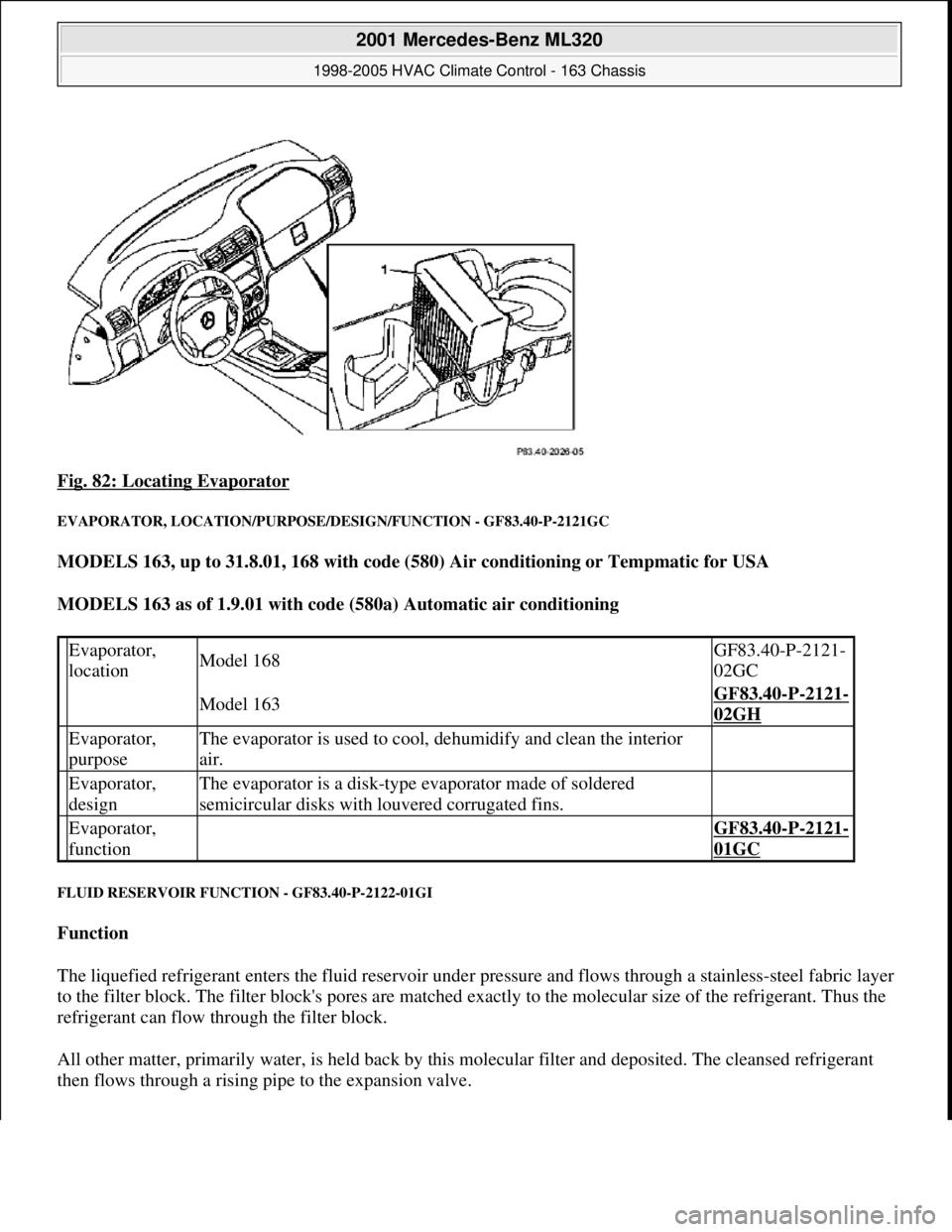MERCEDES-BENZ ML320 1997 Complete Repair Manual Fig. 82: Locating Evaporator
EVAPORATOR, LOCATION/PURPOSE/DESIGN/FUNCTION - GF83.40-P-2121GC
MODELS 163, up to 31.8.01, 168 with code (580) Air conditioning or Tempmatic for USA
MODELS 163 as of 1 MERCEDES-BENZ ML320 1997 Complete Repair Manual Fig. 82: Locating Evaporator
EVAPORATOR, LOCATION/PURPOSE/DESIGN/FUNCTION - GF83.40-P-2121GC
MODELS 163, up to 31.8.01, 168 with code (580) Air conditioning or Tempmatic for USA
MODELS 163 as of 1