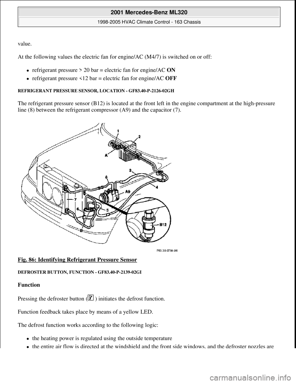 MERCEDES-BENZ ML320 1997 Complete Repair Manual value.
At the following values the electric fan for engine/AC (M4/7) is switched on or off:
refrigerant pressure > 20 bar = electric fan for engine/AC ON
refrigerant pressure <12 bar = elect MERCEDES-BENZ ML320 1997 Complete Repair Manual value.
At the following values the electric fan for engine/AC (M4/7) is switched on or off:
refrigerant pressure > 20 bar = electric fan for engine/AC ON
refrigerant pressure <12 bar = elect