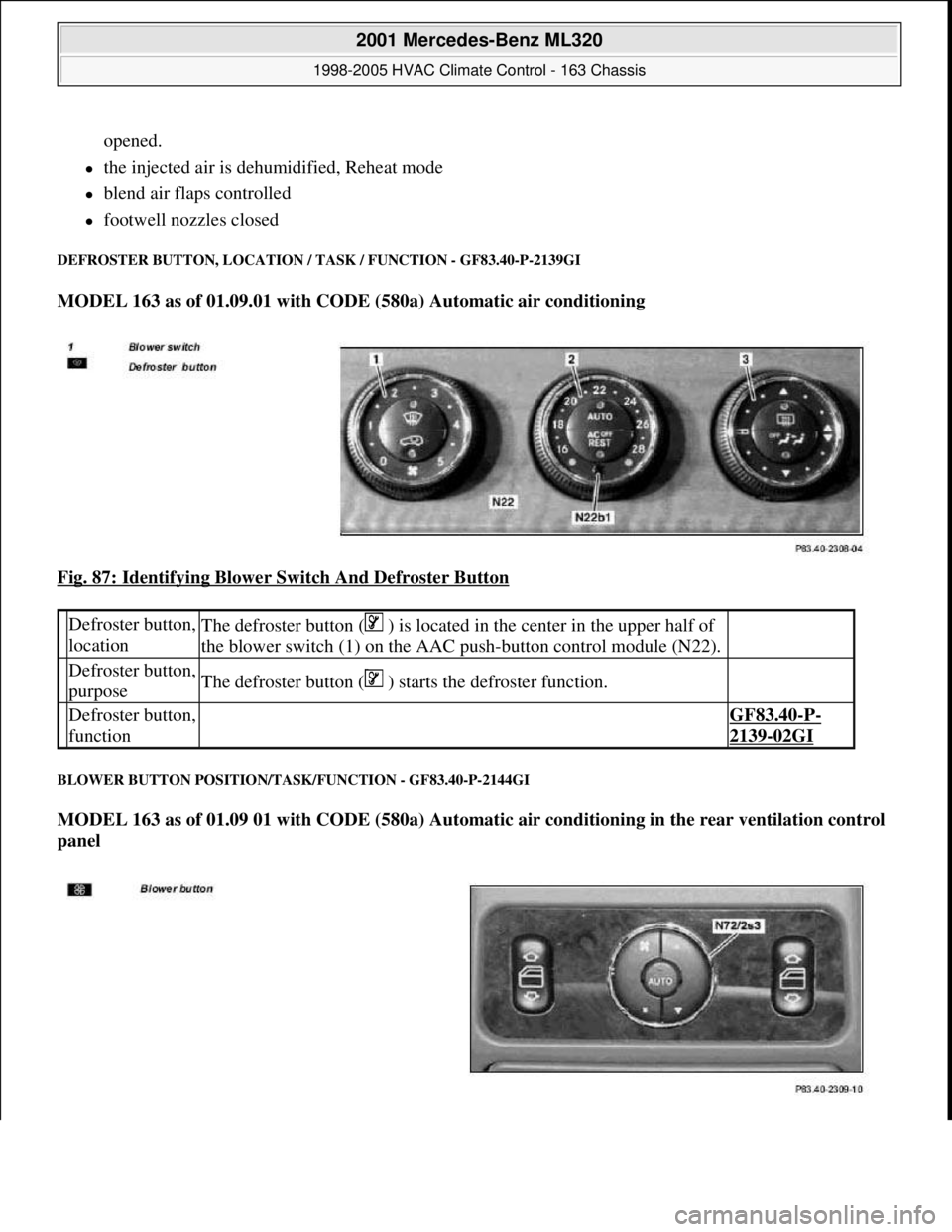 MERCEDES-BENZ ML320 1997  Complete Repair Manual opened.  
the injected air is dehumidified, Reheat mode  
blend air flaps controlled  
footwell nozzles closed  
DEFROSTER BUTTON, LOCATION / TASK / FUNCTION - GF83.40-P-2139GI 
MODEL 163 as 