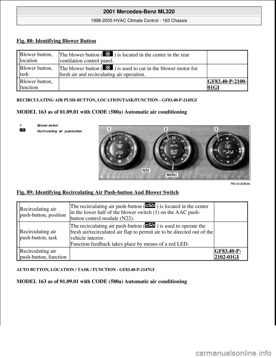MERCEDES-BENZ ML320 1997 Complete Repair Manual Fig. 88: Identifying Blower Button
RECIRCULATING AIR PUSH-BUTTON, LOCATION/TASK/FUNCTION - GF83.40-P-2145GI
MODEL 163 as of 01.09.01 with CODE (580a) Automatic air conditioning
Fig. 89: Identifyin MERCEDES-BENZ ML320 1997 Complete Repair Manual Fig. 88: Identifying Blower Button
RECIRCULATING AIR PUSH-BUTTON, LOCATION/TASK/FUNCTION - GF83.40-P-2145GI
MODEL 163 as of 01.09.01 with CODE (580a) Automatic air conditioning
Fig. 89: Identifyin