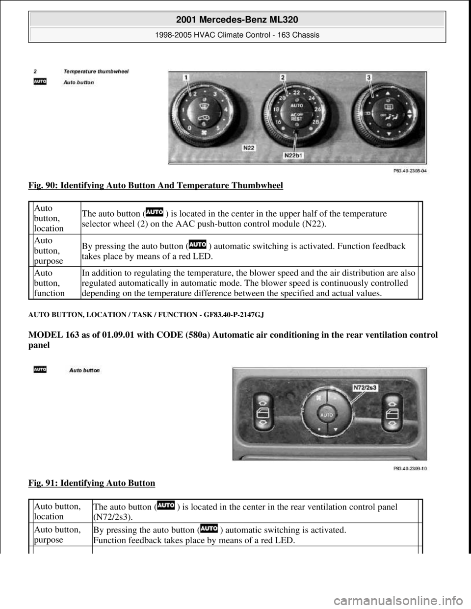 MERCEDES-BENZ ML320 1997 Complete Repair Manual Fig. 90: Identifying Auto Button And Temperature Thumbwheel
AUTO BUTTON, LOCATION / TASK / FUNCTION - GF83.40-P-2147GJ
MODEL 163 as of 01.09.01 with CODE (580a) Automatic air conditioning in the rea MERCEDES-BENZ ML320 1997 Complete Repair Manual Fig. 90: Identifying Auto Button And Temperature Thumbwheel
AUTO BUTTON, LOCATION / TASK / FUNCTION - GF83.40-P-2147GJ
MODEL 163 as of 01.09.01 with CODE (580a) Automatic air conditioning in the rea