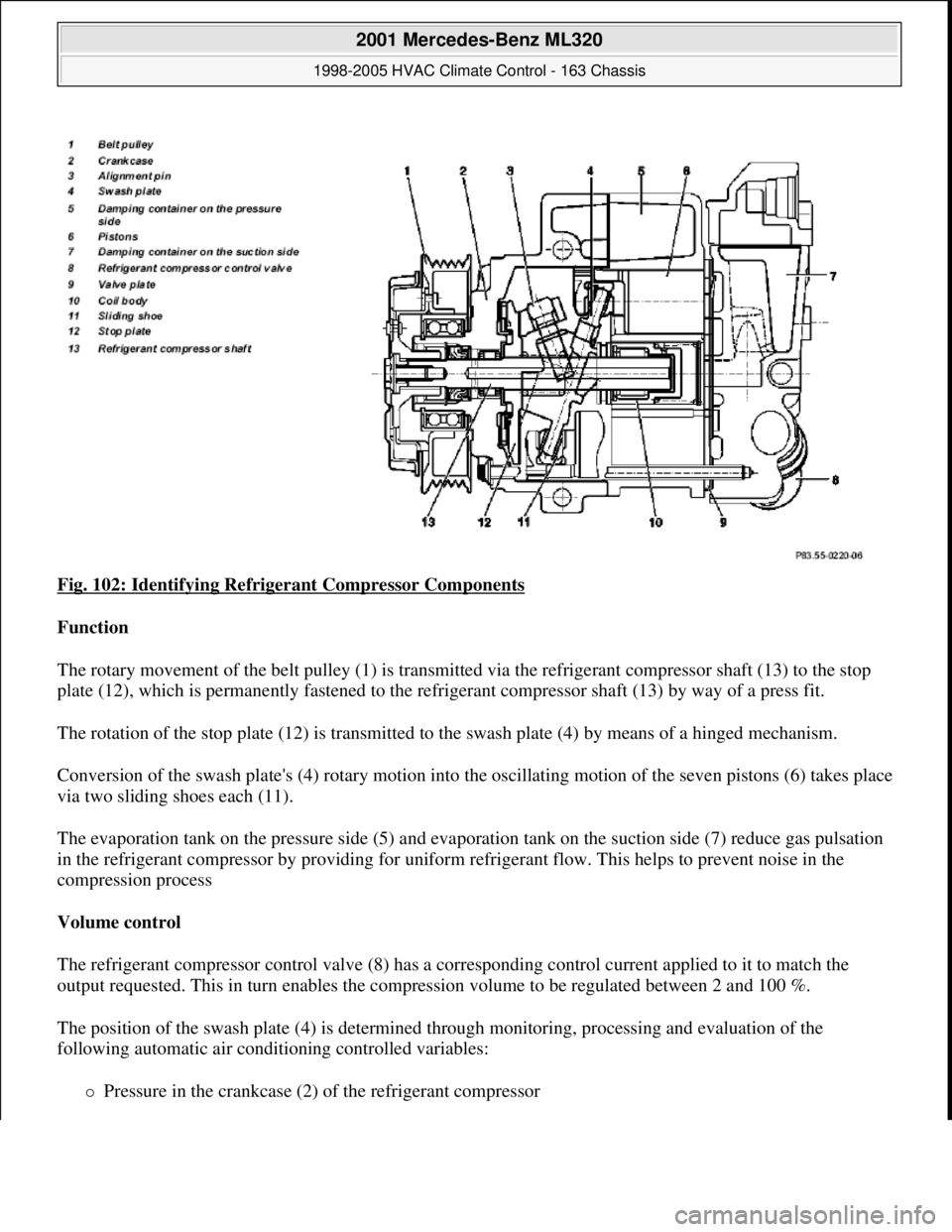 MERCEDES-BENZ ML320 1997  Complete Repair Manual Fig. 102: Identifying Refrigerant Compressor Components 
Function  
The rotary movement of the belt pulley (1) is transmitted via the refrigerant compressor shaft (13) to the stop 
plate (12), which i
