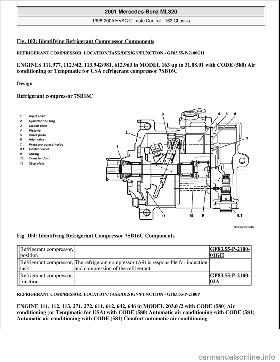 MERCEDES-BENZ ML320 1997 Complete Repair Manual Fig. 103: Identifying Refrigerant Compressor Components
REFRIGERANT COMPRESSOR, LOCATION/TASK/DESIGN/FUNCTION - GF83.55-P-2100GH
ENGINES 111.977, 112.942, 113.942/981, 612.963 in MODEL 163 up to 31.0 MERCEDES-BENZ ML320 1997 Complete Repair Manual Fig. 103: Identifying Refrigerant Compressor Components
REFRIGERANT COMPRESSOR, LOCATION/TASK/DESIGN/FUNCTION - GF83.55-P-2100GH
ENGINES 111.977, 112.942, 113.942/981, 612.963 in MODEL 163 up to 31.0