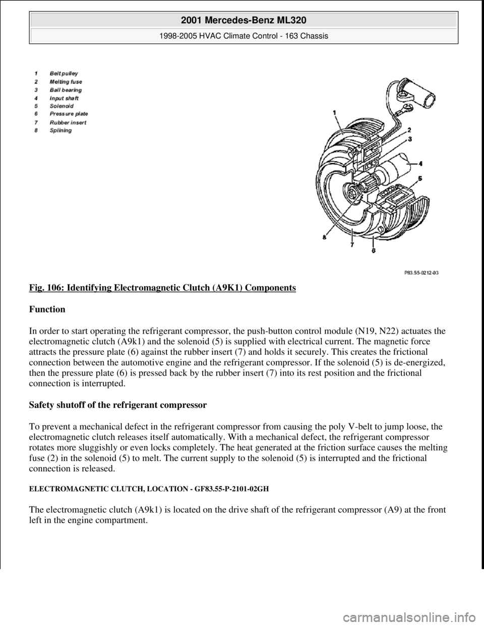 MERCEDES-BENZ ML320 1997 Complete Repair Manual Fig. 106: Identifying Electromagnetic Clutch (A9K1) Components
Function
In order to start operating the refrigerant compressor, the push-button control module (N19, N22) actuates the
electromagnet MERCEDES-BENZ ML320 1997 Complete Repair Manual Fig. 106: Identifying Electromagnetic Clutch (A9K1) Components
Function
In order to start operating the refrigerant compressor, the push-button control module (N19, N22) actuates the
electromagnet