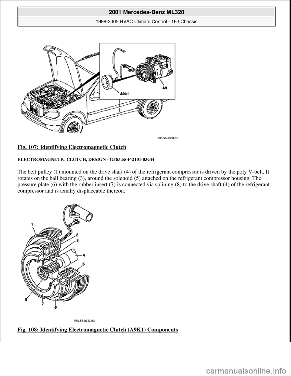 MERCEDES-BENZ ML320 1997  Complete Repair Manual Fig. 107: Identifying Electromagnetic Clutch 
ELECTROMAGNETIC  CLUTCH, DESIGN - GF83.55-P-2101-03GH 
The belt pulley (1) mounted on the drive shaft (4) of the  refrigerant compressor is driven by the 