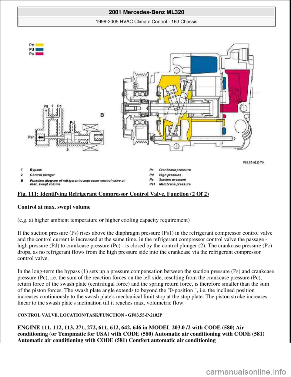 MERCEDES-BENZ ML320 1997 Complete Repair Manual Fig. 111: Identifying Refrigerant Compressor Control Valve, Function (2 Of 2)
Control at max. swept volume
(e.g. at higher ambient temperature or higher cooling capacity requirement)
If the suctio MERCEDES-BENZ ML320 1997 Complete Repair Manual Fig. 111: Identifying Refrigerant Compressor Control Valve, Function (2 Of 2)
Control at max. swept volume
(e.g. at higher ambient temperature or higher cooling capacity requirement)
If the suctio