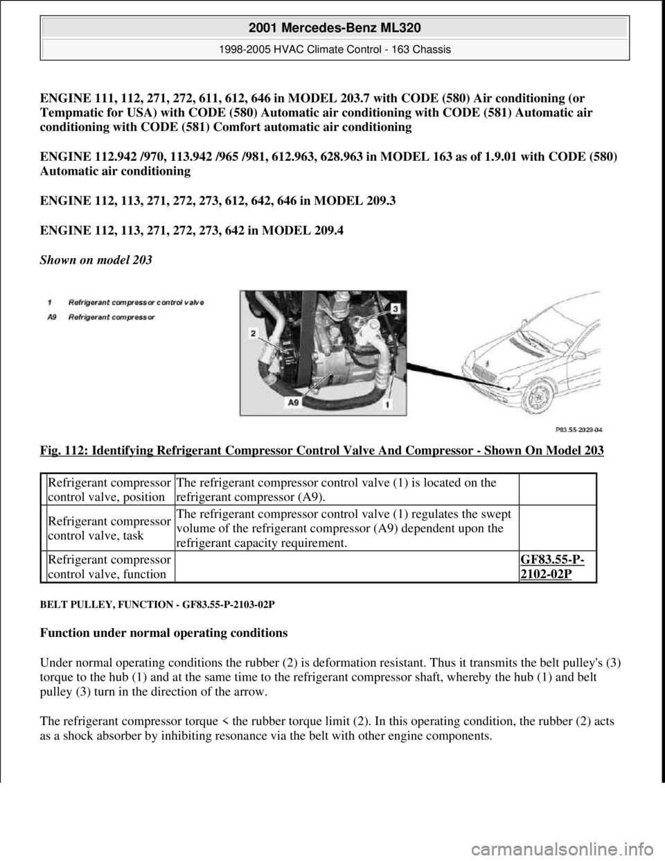 MERCEDES-BENZ ML320 1997  Complete Repair Manual ENGINE 111, 112, 271, 272, 611, 612, 646 in MODEL 203.7 with CODE (580) Air conditioning (or 
Tempmatic for USA) with CODE (580) Automatic air conditioning with CODE (581) Automatic air 
conditioning 