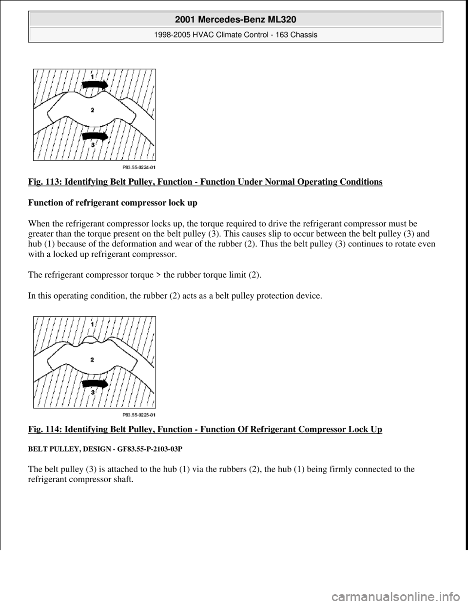 MERCEDES-BENZ ML320 1997  Complete Repair Manual Fig. 113: Identifying Belt Pulley, Function - Function Under Normal Operating Conditions  
Function of refrigerant compressor lock up     
When the refrigerant compressor locks up, the torque re  quir