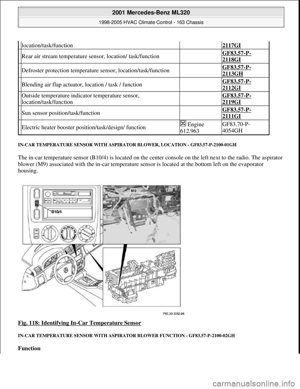 MERCEDES-BENZ ML320 1997  Complete Repair Manual IN-CAR TEMPERATURE SENSOR WITH ASPIRATOR BLOWER, LOCATION - GF83.57-P-2100-01GH 
The in-car temperature sensor (B10/4) is located on the center console on the left next to the radio. The aspirator 
bl