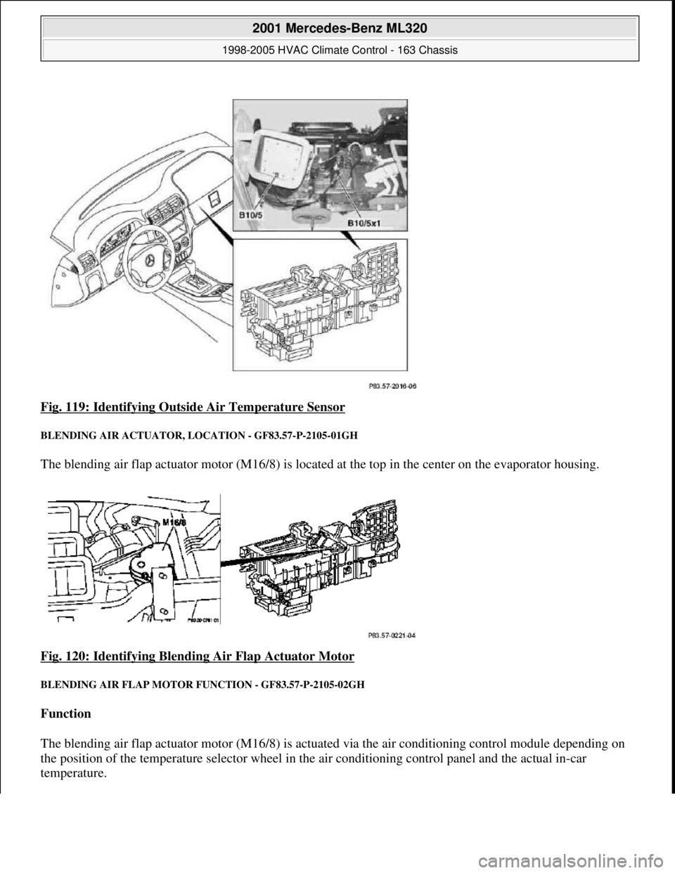 MERCEDES-BENZ ML320 1997  Complete Repair Manual Fig. 119: Identifying Outsid e Air Temperature Sensor 
BLENDING AIR ACTUATOR,  LOCATION - GF83.57-P-2105-01GH 
The blending air flap actuator motor (M16/8) is located  at the top in the center on the 