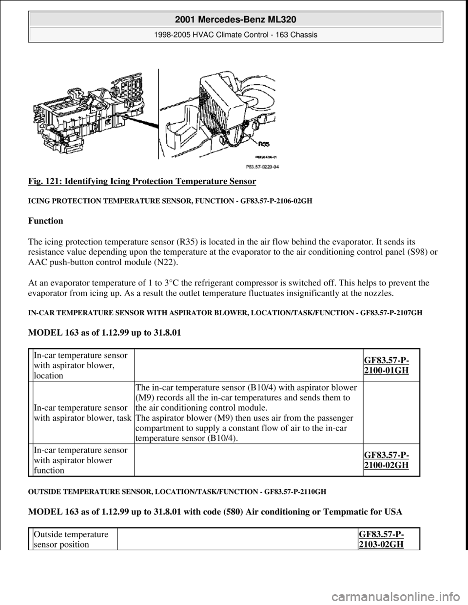 MERCEDES-BENZ ML320 1997 Complete Repair Manual Fig. 121: Identifying Icing Protection Temperature Sensor
ICING PROTECTION TEMPERATURE SENSOR, FUNCTION - GF83.57-P-2106-02GH
Function
The icing protection temperature sensor (R35) is located in t MERCEDES-BENZ ML320 1997 Complete Repair Manual Fig. 121: Identifying Icing Protection Temperature Sensor
ICING PROTECTION TEMPERATURE SENSOR, FUNCTION - GF83.57-P-2106-02GH
Function
The icing protection temperature sensor (R35) is located in t