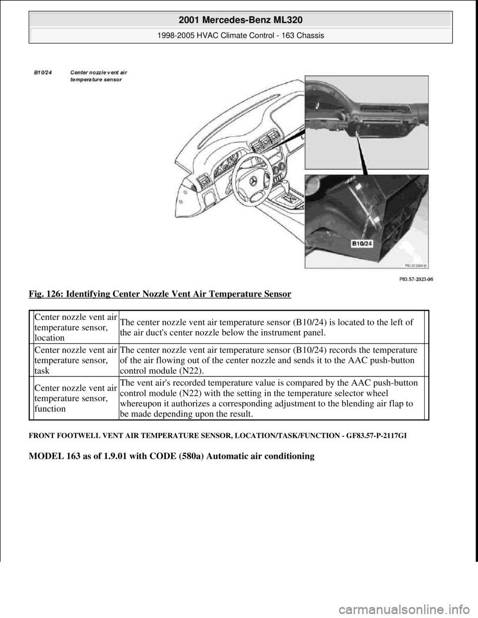 MERCEDES-BENZ ML320 1997 Complete Repair Manual Fig. 126: Identifying Center Nozzle Vent Air Temperature Sensor
FRONT FOOTWELL VENT AIR TEMPERATURE SENSOR, LOCATION/TASK/FUNCTION - GF83.57-P-2117GI
MODEL 163 as of 1.9.01 with CODE (580a) Automati MERCEDES-BENZ ML320 1997 Complete Repair Manual Fig. 126: Identifying Center Nozzle Vent Air Temperature Sensor
FRONT FOOTWELL VENT AIR TEMPERATURE SENSOR, LOCATION/TASK/FUNCTION - GF83.57-P-2117GI
MODEL 163 as of 1.9.01 with CODE (580a) Automati