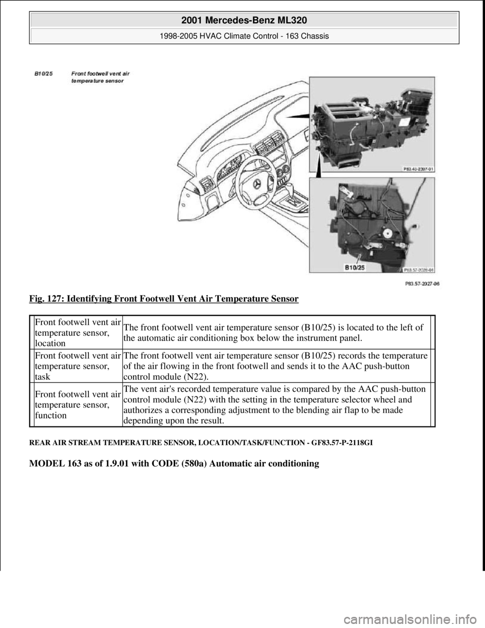 MERCEDES-BENZ ML320 1997 Complete Repair Manual Fig. 127: Identifying Front Footwell Vent Air Temperature Sensor
REAR AIR STREAM TEMPERATURE SENSOR, LOCATION/TASK/FUNCTION - GF83.57-P-2118GI
MODEL 163 as of 1.9.01 with CODE (580a) Automatic air c MERCEDES-BENZ ML320 1997 Complete Repair Manual Fig. 127: Identifying Front Footwell Vent Air Temperature Sensor
REAR AIR STREAM TEMPERATURE SENSOR, LOCATION/TASK/FUNCTION - GF83.57-P-2118GI
MODEL 163 as of 1.9.01 with CODE (580a) Automatic air c