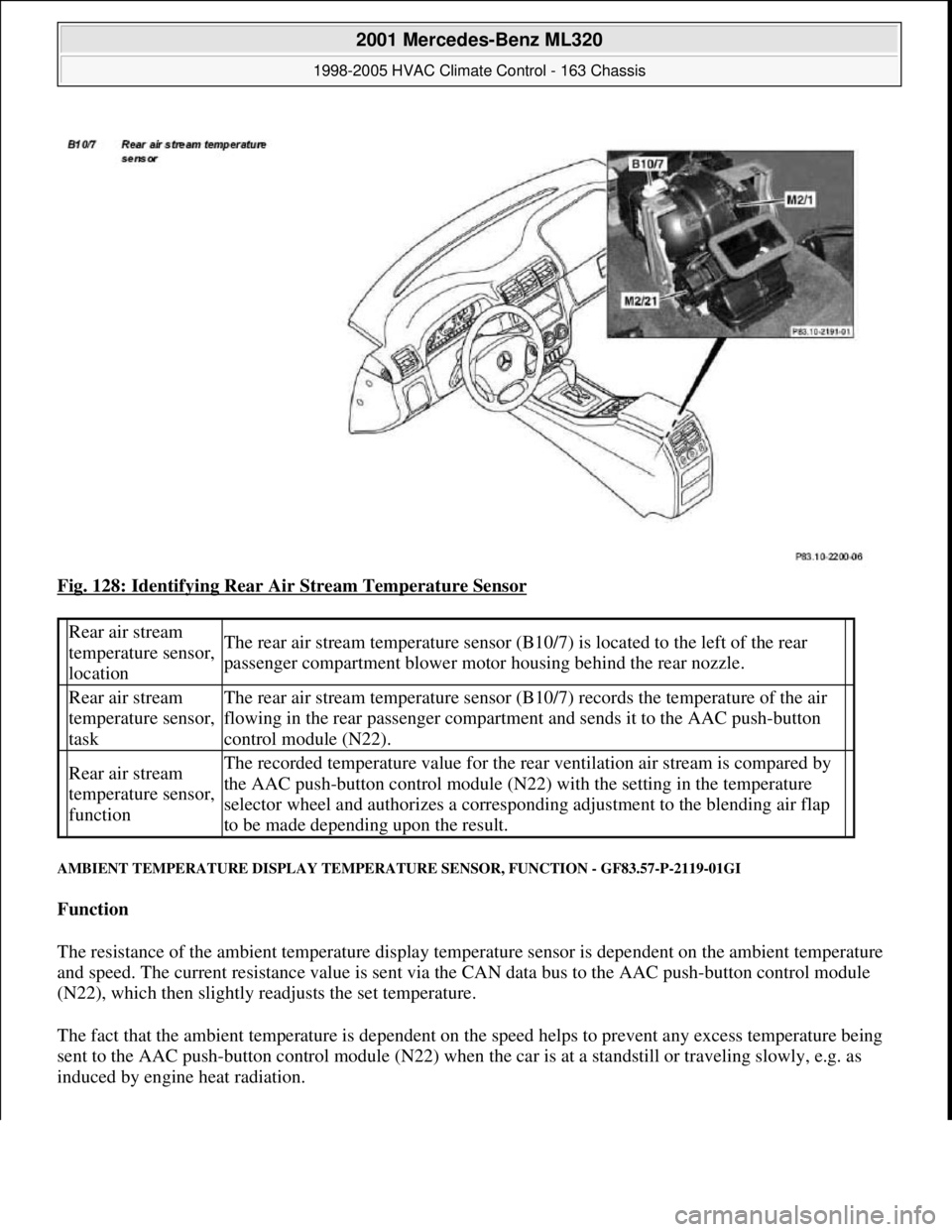 MERCEDES-BENZ ML320 1997 Complete Repair Manual Fig. 128: Identifying Rear Air Stream Temperature Sensor
AMBIENT TEMPERATURE DISPLAY TEMPERATURE SENSOR, FUNCTION - GF83.57-P-2119-01GI
Function
The resistance of the ambient temperature display t MERCEDES-BENZ ML320 1997 Complete Repair Manual Fig. 128: Identifying Rear Air Stream Temperature Sensor
AMBIENT TEMPERATURE DISPLAY TEMPERATURE SENSOR, FUNCTION - GF83.57-P-2119-01GI
Function
The resistance of the ambient temperature display t