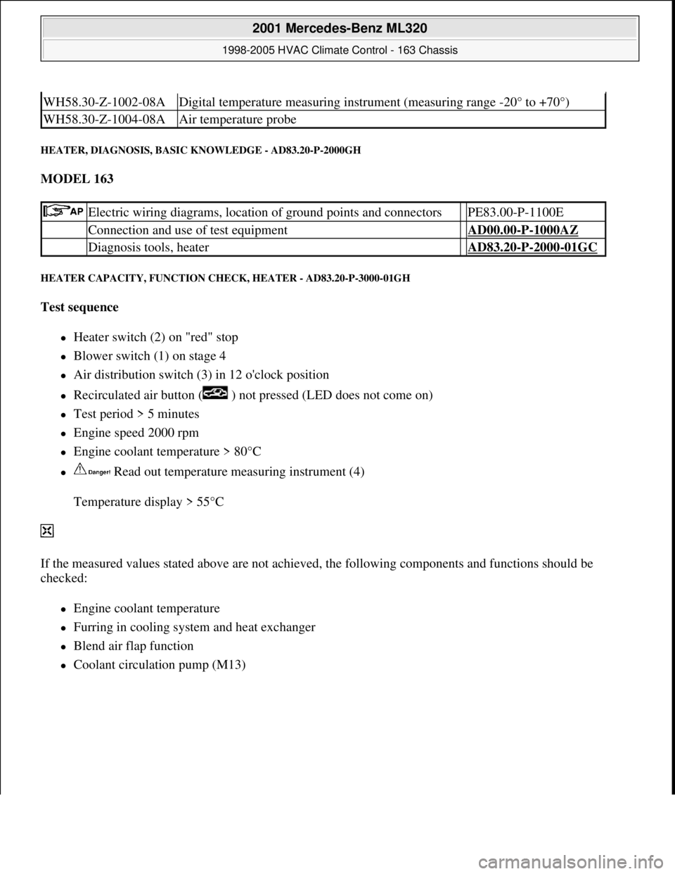 MERCEDES-BENZ ML320 1997 Complete Repair Manual HEATER, DIAGNOSIS, BASIC KNOWLEDGE - AD83.20-P-2000GH
MODEL 163
HEATER CAPACITY, FUNCTION CHECK, HEATER - AD83.20-P-3000-01GH
Test sequence
Heater switch (2) on "red" stop
Blower switch MERCEDES-BENZ ML320 1997 Complete Repair Manual HEATER, DIAGNOSIS, BASIC KNOWLEDGE - AD83.20-P-2000GH
MODEL 163
HEATER CAPACITY, FUNCTION CHECK, HEATER - AD83.20-P-3000-01GH
Test sequence
Heater switch (2) on "red" stop
Blower switch