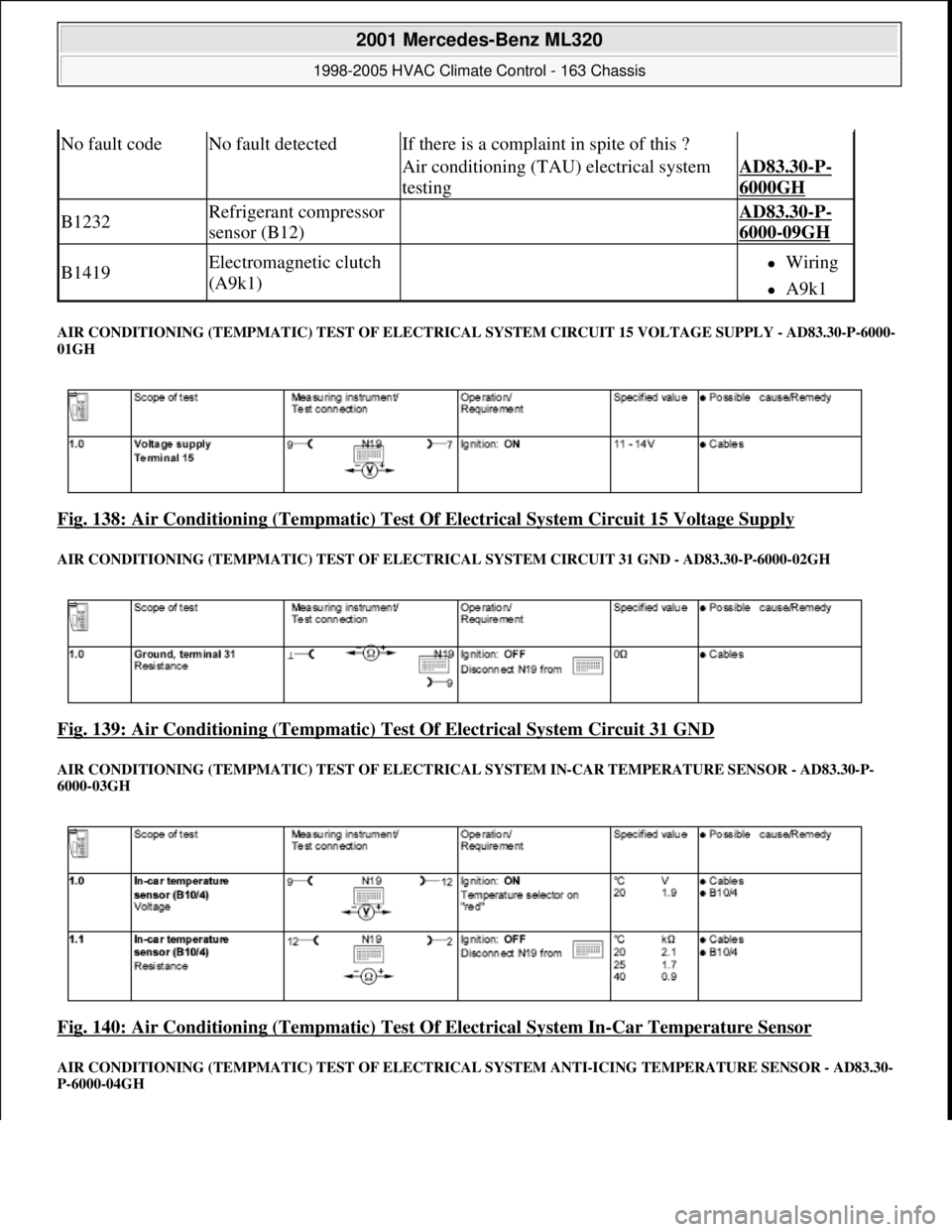 MERCEDES-BENZ ML320 1997 Complete Repair Manual AIR CONDITIONING (TEMPMAT IC) TEST OF ELECTRICAL SYSTEM CIRCUIT 15 VOLTAGE SUPPLY - AD83.30-P-6000-
01GH
Fig. 138: Air Conditioning (Tem pmatic) Test Of Electrical System Circuit 15 Voltage Supply MERCEDES-BENZ ML320 1997 Complete Repair Manual AIR CONDITIONING (TEMPMAT IC) TEST OF ELECTRICAL SYSTEM CIRCUIT 15 VOLTAGE SUPPLY - AD83.30-P-6000-
01GH
Fig. 138: Air Conditioning (Tem pmatic) Test Of Electrical System Circuit 15 Voltage Supply