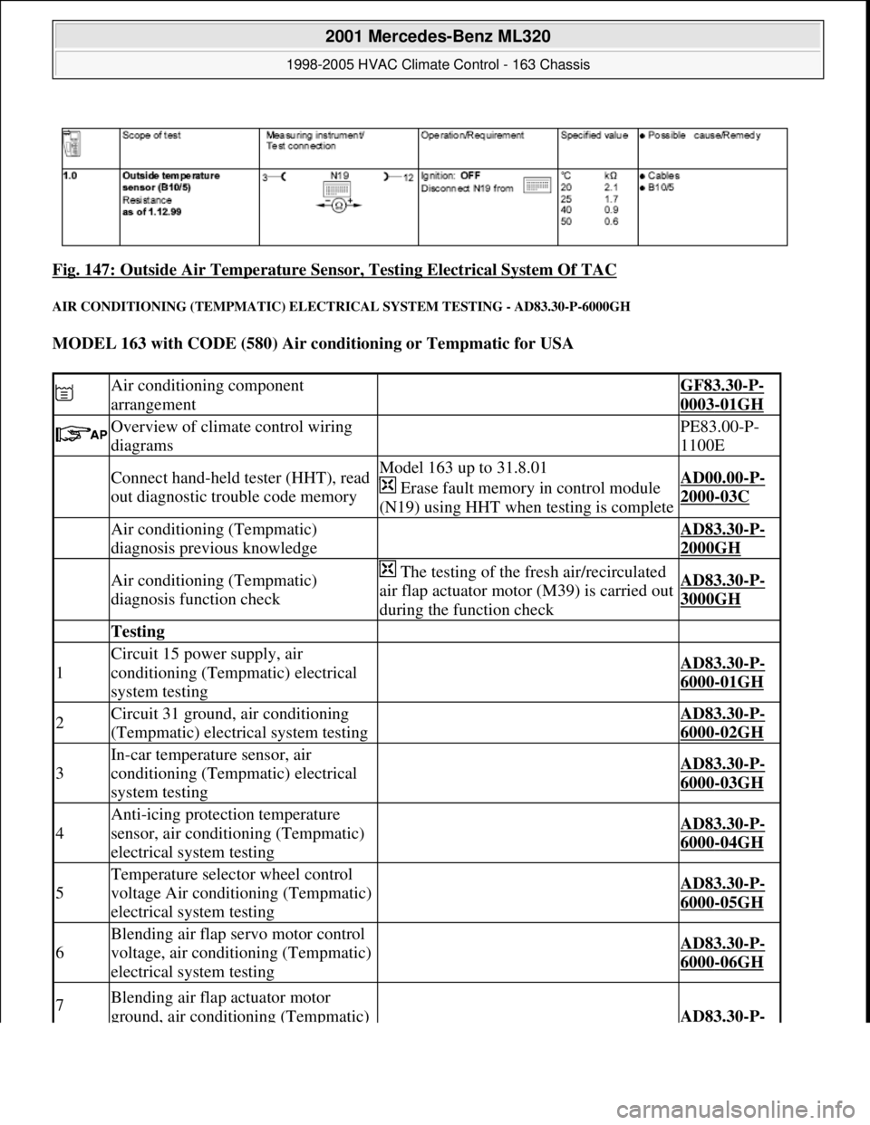 MERCEDES-BENZ ML320 1997  Complete Repair Manual Fig. 147: Outside Air Temperature Sensor, Testing Electrical System Of TAC 
AIR CONDITIONING (TEMPMATIC) ELECTRICAL SYSTEM TESTING - AD83.30-P-6000GH 
MODEL 163 with CODE (580) Air conditioning or Tem