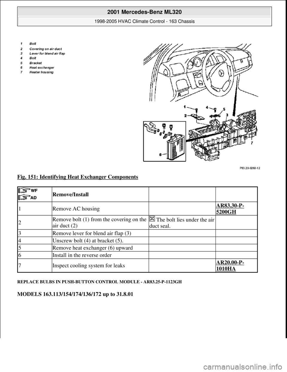 MERCEDES-BENZ ML320 1997  Complete Repair Manual Fig. 151: Identifying Heat Exchanger Components 
REPLACE BULBS IN PUSH-BUTTON CONTROL MODULE - AR83.25-P-1123GH 
MODELS 163.113/154/174/136/172 up to 31.8.01
 
 Remove/Install  
1Remove AC housing AR8