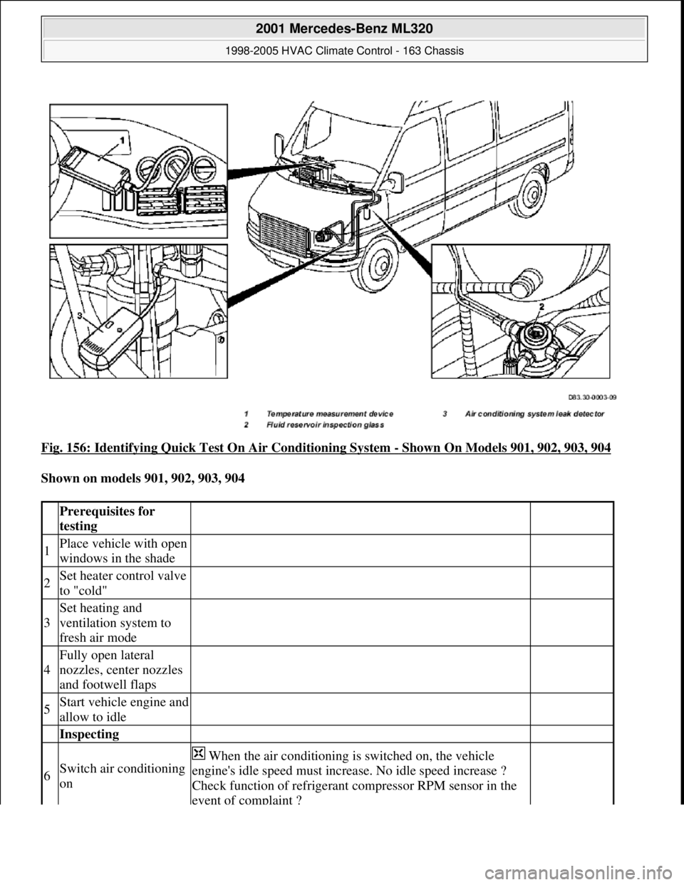 MERCEDES-BENZ ML320 1997  Complete Repair Manual Fig. 156: Identifying Quick Test On Air Conditioning System - Shown On Models 901, 902, 903, 904 
Shown on models 901, 902, 903, 904  
 Prerequisites for 
testing  
1Place vehicle with open 
windows i