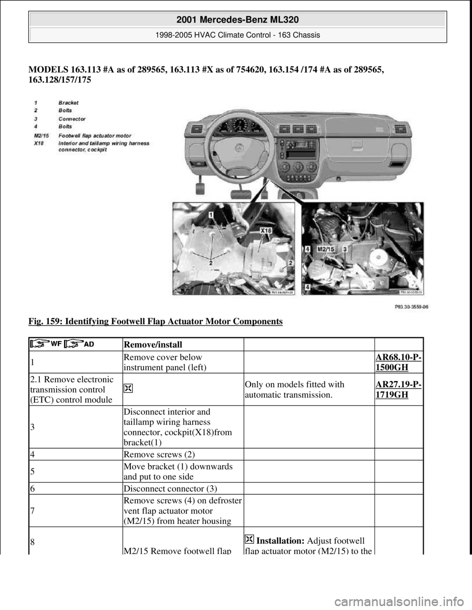 MERCEDES-BENZ ML320 1997  Complete Repair Manual MODELS 163.113 #A as of 289565, 163.113 #X as of 754620, 163.154 /174 #A as of 289565, 
163.128/157/175  
Fig. 159: Identifying Footwell Flap Actuator Motor Components
 
  Remove/install  
1Remove cov