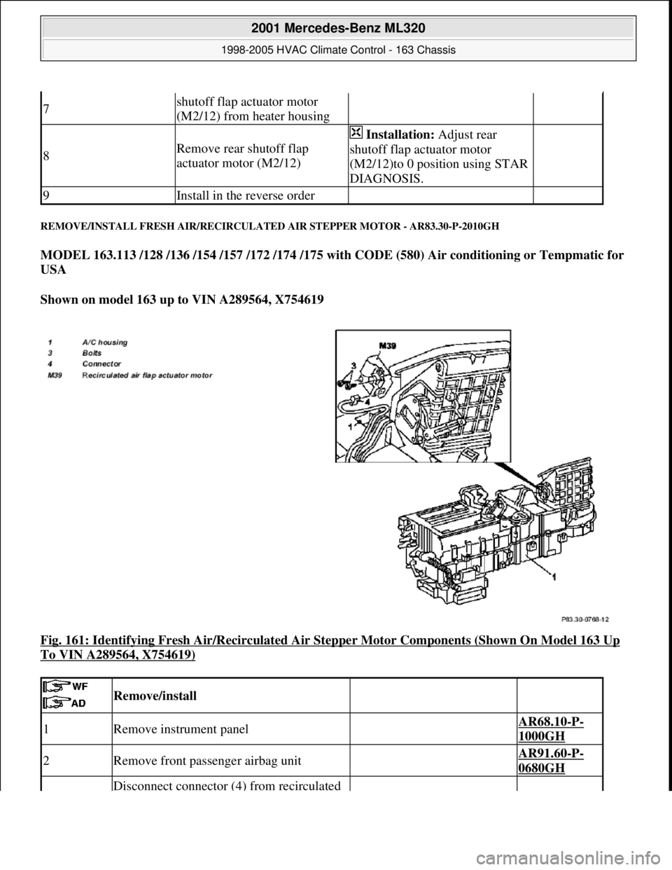 MERCEDES-BENZ ML320 1997  Complete Repair Manual REMOVE/INSTALL FRESH AIR/RECIRCULATED AIR STEPPER MOTOR - AR83.30-P-2010GH 
MODEL 163.113 /128 /136 /154 /157 /172 /174 /175 with CODE (580) Air conditioning or Tempmatic for 
USA  
Shown on model 163